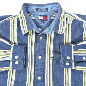 Vintage 90s Y2K Tommy Jeans Mens Shirt XL Button Up Blue Stripe Long Sleeve